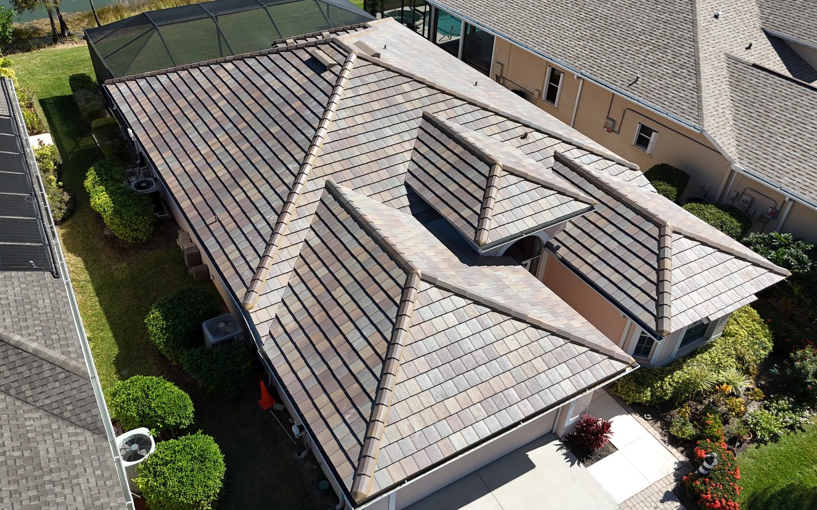 Concrete tile roof by Providential Roofing, aerial view